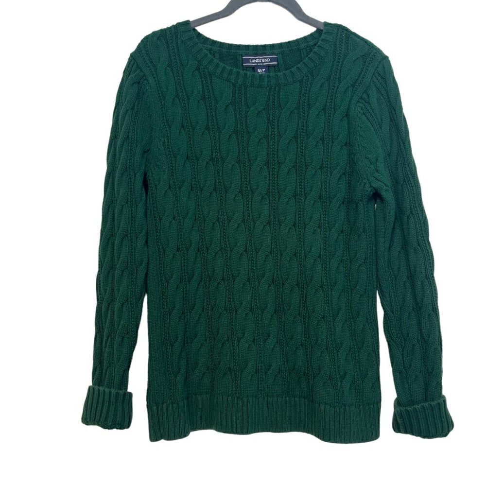 Lands End Cable Knit Cotton Fisherman Sweater Hunter Green Womens MP Snug Fit